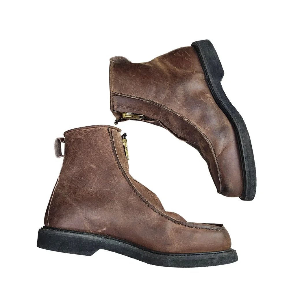 Orvis Mens Brown Leather Shearling Lined Front Zip Moc Toe Boots Size 9